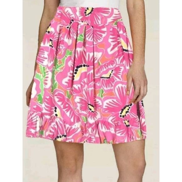 Lilly Pulitzer 100% Silk Pink Floral Mini Skirt Pleated A-line Fayette Oxford - Picture 2 of 11